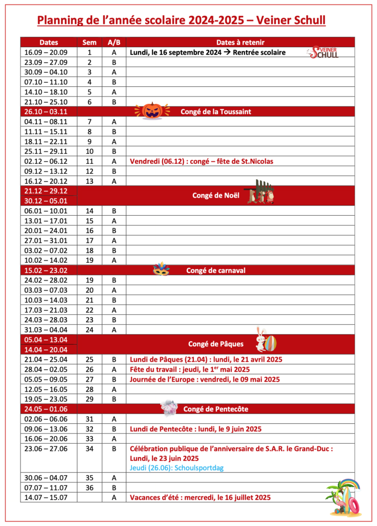 Planning de l’année scolaire 2024-2025 – Veiner Schull